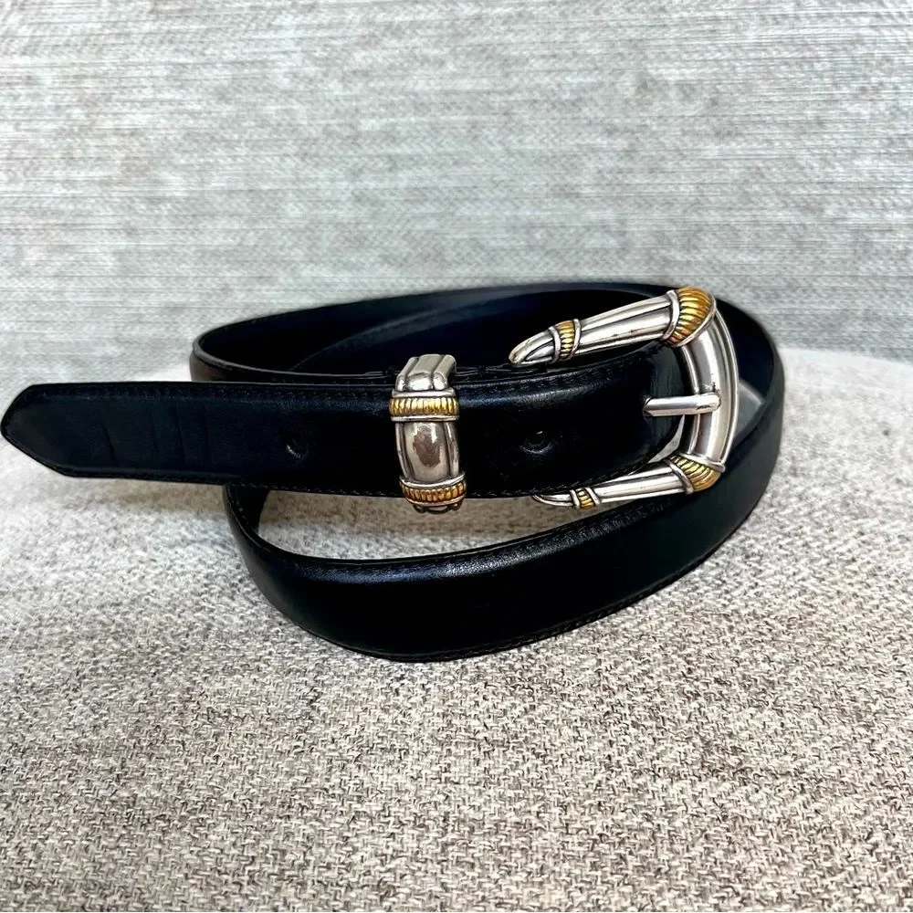 Vintage Fossil Black Leather Belt With Ornate Buckle